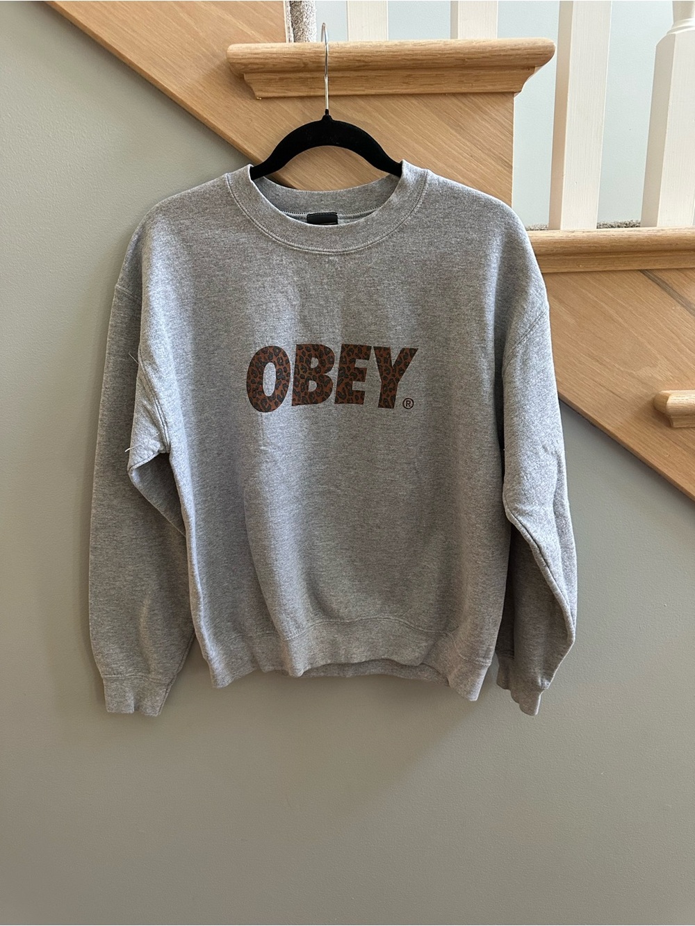 Obey Gray Crewneck with Leopard-Pattern Logo